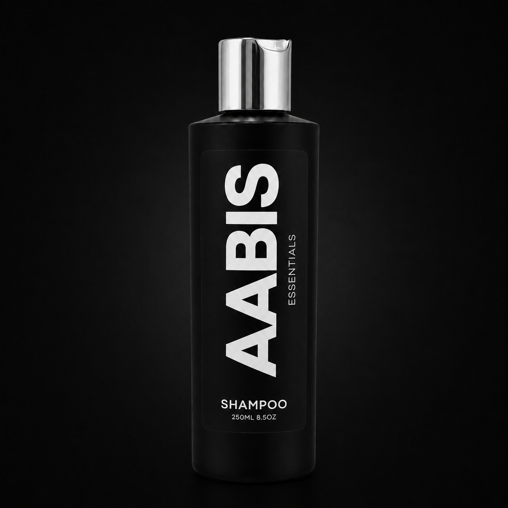 A 250ml black bottle of AABIS Essentials Shampoo with a reflective silver cap, set against a solid black background.
