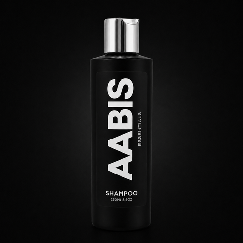 A 250ml black bottle of AABIS Essentials Shampoo with a reflective silver cap, set against a solid black background.