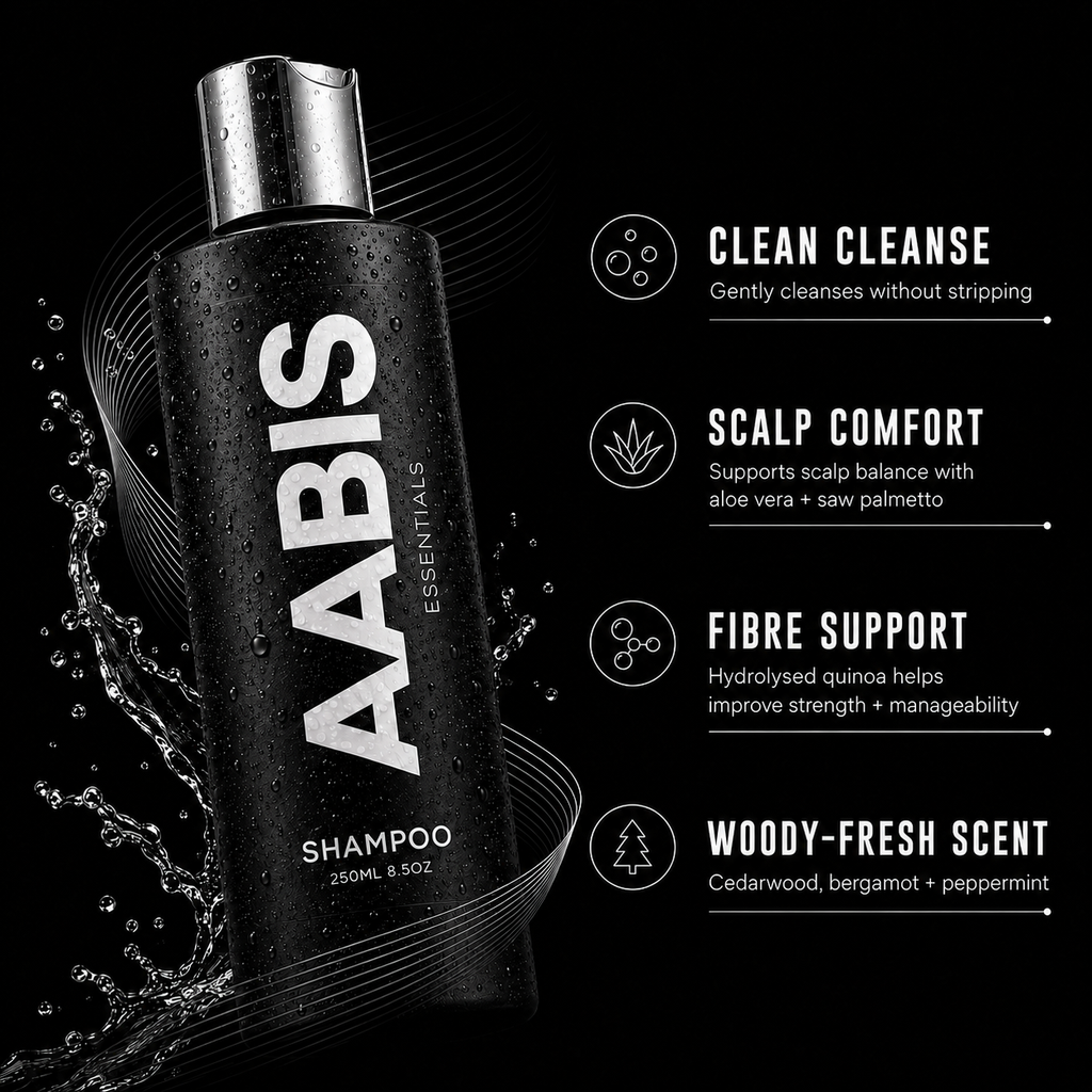AABIS Essentials shampoo bottle in black with a silver cap, shown on a dark background with water splash effects and product feature text on the right.