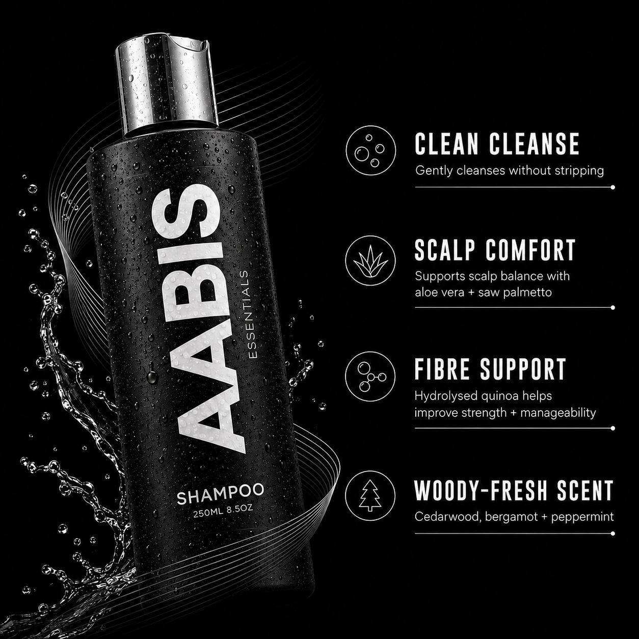 AABIS Essentials shampoo bottle in black with a silver cap, shown on a dark background with water splash effects and product feature text on the right.