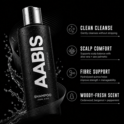 AABIS Essentials shampoo bottle in black with a silver cap, shown on a dark background with water splash effects and product feature text on the right.